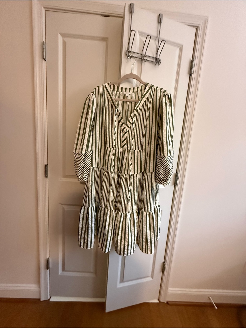 Women’s Green and White Striped Tiered Dress